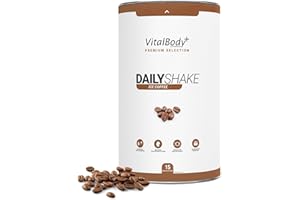 ‎VITALBODY+ SUPPLEMENTS VitalBody+ DailyShake, Ice Coffee, 450 g, Mahlzeitenersatz-Shake zum Abnehmen, 15 Mahlzeiten, nur 250 kcal pro Shake, vollwertig & kalorienarm ersetzen