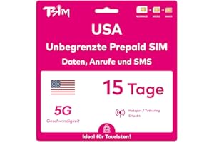 TSIM USA SIM-Karte 15 Tage. T-Mobile-Netz mit unbegrenztem Highspeed-Datenvolumen in 5G/4G/LTE | Unbegrenzte Anrufe und SMS innerhalb der USA (einschließlich Hawaii). 5G SIM-Karte!