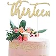 Merry Expressions 13th Birthday Cake Topper Decoration - THIRTEEN - 7" x 3.5" Thirteenth Bday Topper w/ Premium Double Sided Gold Glitter Card stock Paper - Happy Birthday Accessory For Men & Women