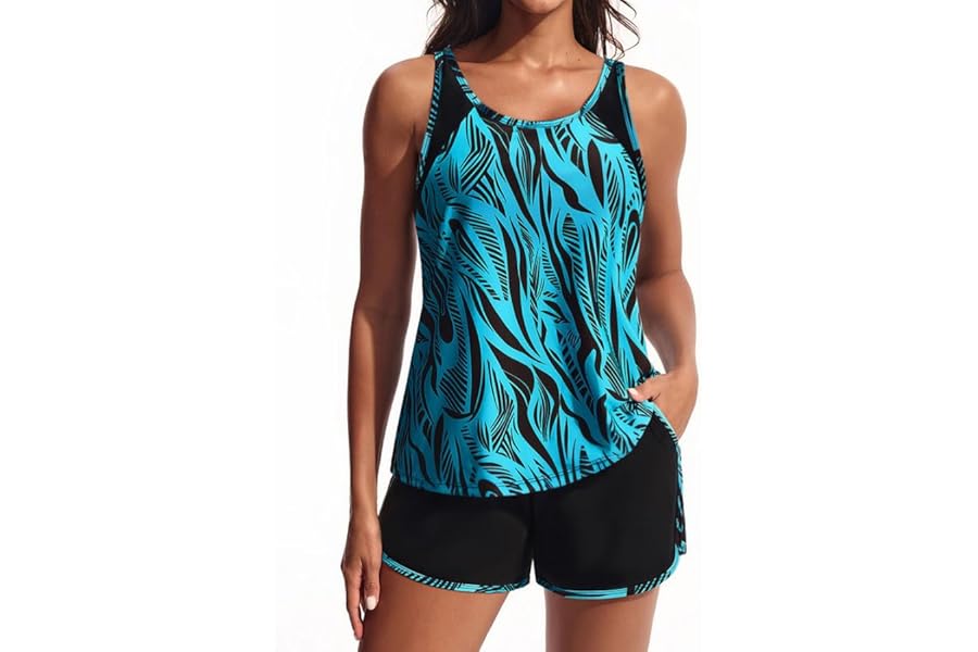 Hanna Nikole Women's Tankini Sets Swimming Costume Modest Swimwear 2 Piece Tummy Control Swimsuit with Built-in Bra High Waist Built-in Bottom Swim Shorts Adjustable Bathing Suit with Pockets