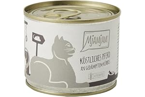 MjAMjAM - comida húmeda premium para gatos - delicioso caballito sobre calabaza al vapor, pack de 6 (6 x 200 g), sin cereales con extra de carne