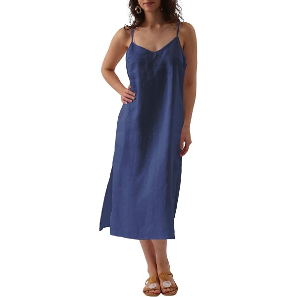 Women's Linen Sleeveless Midi Dress With Pockets | 100% Natural Linen Summer Dress | V-Neck Boho Style