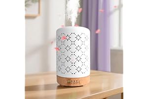 SKUTZTEK Keramik Aroma Diffuser, Aroma Diffuser für Ätherische Öle, Ultraschall Luftbefeuchter, Lochmuster 7 Farbe LED mit 4 Timer Einstellung, Wasserlos-Ausschaltfunktion, für Schlafzimmer (250ML)