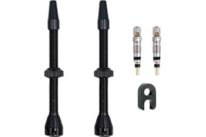 IBRIQO® Pack 2 Válvulas 80mm Presta Tubeless Bicicleta MTB - Carretera | 2 Válvulas + 2 Obuses + 1 Llave Desmontar Obús | Válvula Aire - Negro - Aluminio | Sin Fugas de Aire - Compatible con Mousses