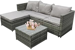 GADGETHAVEN Garden Corner Sofa Furniture, 4-Seater All-Weather Rattan Corner Sofa Set w/Tempered Glass Coffee Table,Ottoman - L-Shaped Patio Garden Furniture (Grey Rattan+Light Grey Cushion)