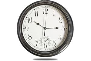 EYOTTO Large Garden Clocks Outdoor Waterproof, 12 Inch Wall Clock with Thermometer, Weather-Resistant Non-Ticking Battery Operated Vintage Decor for Patio, Pool, Lanai, Fence, Porch