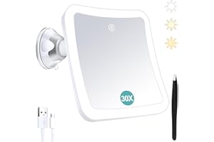 B BEAUTY PLANET Miroir grossissant avec lumière, Miroir de Maquillage Lumineux grossissant 30x avec contrôle Tactile et Ventouse, Rechargeable, Rotation à 360°, Salle de Bain et Voyage, carré