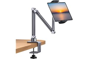 nediea Tablet Stand Holder For Desk, Adjustable Tablet Holder With Clamp Mount, 360° Rotation Aluminum Stand for iPad, Compatible With 4-12.9 Inches Devices, Fit For Desk/Bed/Kitchen/Office (Gray)