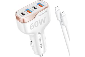 SUNDAREE Szybka ładowarka do zapalniczki samochodowej, 60W 4 Multiport 12V 24V PD USB C kabel szybkie ładowanie adapter samochodowy do Samsung A34/Redmi Note 12/iPhone/Google 6a/Galaxy Tab/Xiaomi Pad