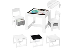Lestarain 3 en 1 Table pour Enfants et 2 Chaises avec Tiroir de Rangement, Ensemble de Meuble Table d'activité avec Tableau Noir et Un Rouleau de Papier Amovible à Dessiner, Blanc
