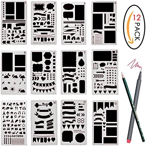 12 Pcs Bullet Journal Stencil Set Plastic Template DIY Drawing Planner Accessories for Diary Scrapbook Craft Notebook
