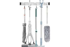 QcoQce Broom Holder Wall Mounted Garden Tool Rack Organizer, Modern Style,Movable Aluminum Alloy Wall Mounted Hook,Storage Gift for Bathroom,Closet,Laundry Room,Garage,Tool Room