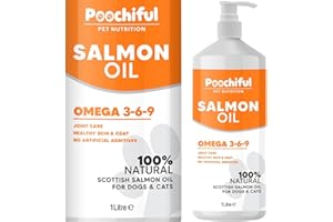 Poochiful 1 Litre Salmon Oil for Dogs. Fish Oil for Dogs Cats, Horses, Ferret & Pets. Purest Omega 3, 6, 9 Salmon Oil Cats. Food Supplements for Itchy Skin & Coat. Dog Vitamins and Supplements 1000 ml