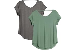 icyzone Damska koszulka z odkrytymi plecami, do jogi, z krótkim rękawem, sportowa, na czas wolny, luźny dekolt w serek, 2 sztuki