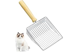 JUXINE Metal Cat Litter Scoop with Deep Shovel, Cat scoop with wooden handle,Hole spacing 7mm Non-Stick Cat Litter Scooper for Litter Box,Durable Cat Litter Sifter for Clumping Litter