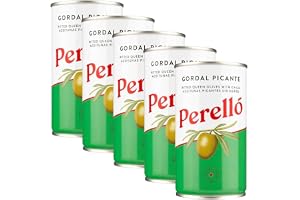 Perelló Gordal Picante grovoliver – 350 g (150 g dränerad), förpackning med 5, kryddiga spanska gröna oliver gropade