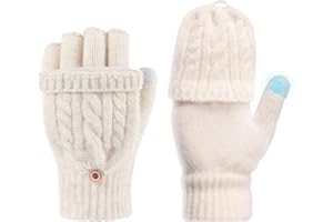 DOINEUFL Fingerless Gloves for Women Thermal with Convertible Mittens and Touchscreen Thumb, Warm Cable Knit Winter Gloves, Soft Ladies Fingerless Gloves for Cold Weather