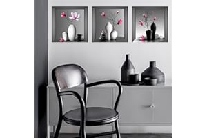 SRIZIAN 3Pcs Wall Stickers, 3D Wall Stickers Vase, Plants Wall Art Stickers for Bedroom, Kitchen, Hallway Stairs Wall Decor (11.81×11.81in)