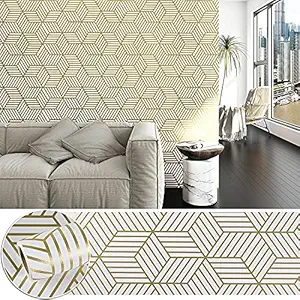 ANNA CREATIONS Self Adhesive Wallpaper Waterproof Vinyl Stickers Wooden Door Wardrobe Desktop PVC Wall Papers - 18''x 120''inch (Hexagon Gold)