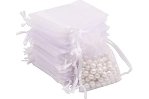 Leeyunbee 100 szt. 7 x 9 cm białe torby z organzy, torebki na prezenty z organzy, torebki na biżuterię z organzy, torebki na cukierki, torby na upominki ślubne ze sznurkiem, używane na ślub, urodziny,