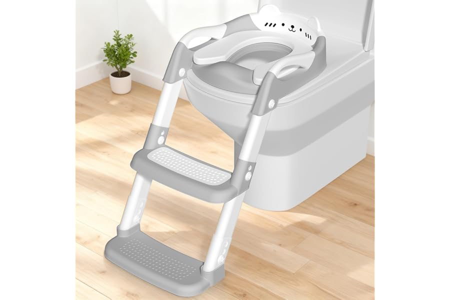 Potty Training Toilet Seat Toddler Toilet Seat with Step Kids Toilets Steps for Toddlers Child Baby Boy Girl Anti Splash Soft Cushion Handle Adjustable Potty Training with Ladder in Bathroom, Grey