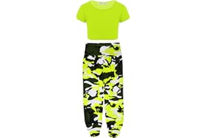 janisramone Kids Girls New Neon Crop Top Army Camo Print Alibaba Harem Leggings 2 Pcs Co-ord Dance Sets