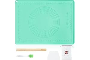 FEMONGY Rodillo amasar con tapete de silicona para hornear, Rodillo de madera + raspador + pincel de aceite + bolsa de almacenamiento, Adecuado para pizza, masa de pasta, pasteles, verde, 45 * 65cm