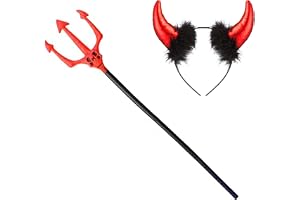 PartyToko Red Devil Pitchfork and Horns Headband Set for Halloween Costumes Decorations - Kids Adults - 2pcs
