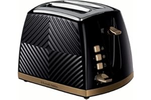 Russell Hobbs Groove 2 Slice Toaster (High Lift, Extra Wide Slots, 6 Browning levels, Frozen/Cancel/Reheat function - Illuminated buttons, Removable crumb tray, 850W, Black, Brushed gold accents)26390