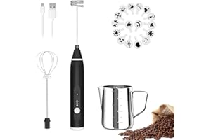 FITNATE Espumador de Leche Eléctrico de Mano, Espumador de Leche Eléctrico con 3 Niveles, 2 Batidores de Acero Inoxidable y Jarra para Café, Chocolate Caliente, Latte, Capuchino, 12 V Recargable