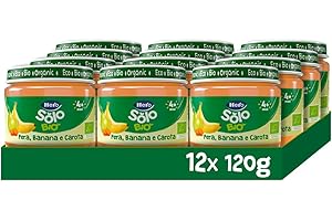 Hero Solo Bio - Omogeneizzato di Frutta Biologico per Neonati, Gusto Pera, Banana e Carota, Senza zuccheri aggiunti, Senza glutine 12 Vasetti da 120 g