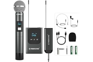 Phenyx Pro Sistema microfono wireless digitale doppio, con microfoni dinamico a mano,archetto/da bavero, trasmettitore bodypack, mini ricevitore, UHF 2x5 frequenze per karaoke(PDP-2-1H1B)