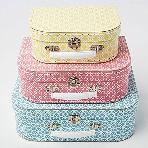 Sass & Belle Aufbewahrungsboxen, 3 Koffer in Blau, Rosa und Gelb mit marokkanischen Druckmustern