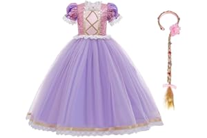 IWEMEK Mädchen Cosplay Kleid Rapunzel Prinzessin Kostüm + Stirnband Kinder Grimms Märchen Halloween Karneval Partykleid Geburtstag Faschingskostüm Festkleid Fancy Dress Up