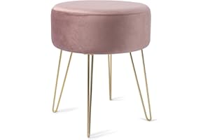 Madera Nieve Taburete Redondo de Terciopelo con Patas metálicas Doradas – Puff tapizado Elegante para Dormitorio, tocador o Sala de Estar, Ideal como reposapiés o Silla de Maquillaje. (Rosa)