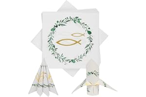 LAMEK 40 Stück Servietten Taufe Papierservietten Taufdeko Kommunion Tischdekoration Konfirmation Tischdeko Partyzubehör Deko mit Goldener Fisch grün Kranz für Jungen Mädchen 33x33cm