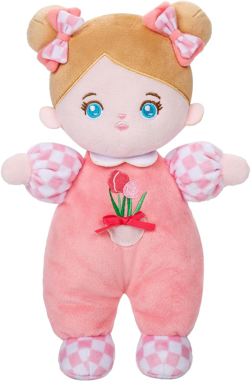 OUOZZZ Muñecas de Trapo para Bebé con Ropa de Tulipán Rosa y Pelo Rubio, Mini Muñeca de Peluche Suave Juguete, Regalo para Niños 3+ Años, 25cm