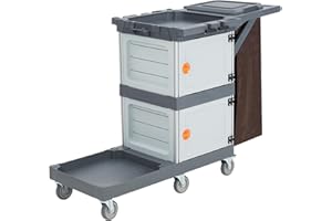 PORTOALEGRE Kommerzieller Reinigungswagen, Putzwagen Reinigungswagen mit 2 Schränken 3 Ablagen Servierwagen mit 6 Rollen Abdeckhaube Und Vinylbeutel für Büro Hotel Grau 300 Lbs Kapazität