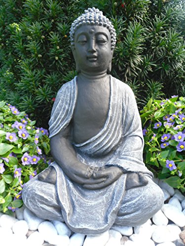 Steinfigur Buddha, Gartenfigur Steinguss Basaltgrau - 5