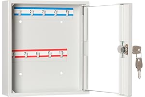 ‎LEOMAR LEOMAR Schlüsselschrank, Schlüsselkasten mit 10 Haken, Schlüsselbox aus Stahlblech mit Glastüren, mit Festen Hakenleisten, Organizer zur Wandbefestigung, Abschließbar, 6 x 20 x 22 cm