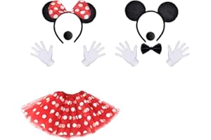 Topzora Damen Maus Mouse Kostüm Rot 2 Set Maus Mouse Kostüm,Rot Tutu mit weiß Gepunktet+ 2 weiße Handschuhe + 2 Nase + 1 Fliege Schleife für Fasching Karneval Motto Party
