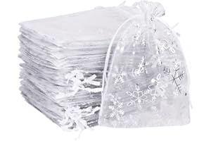 MAOOY Organzasäckchen 100 Stück Kleine Organzabeutel Schneeflocken Muster Beutel Geschenktüten mit Kordelzug Gastgeschenke Hochzeit Säckchen für Weihnachten Party Geschenk (Weiß, 17 x 23 cm)