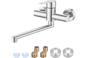 Druuzyl Rubinetto per Cucina a Muro Rubinetto da Girevole a 360° in Acciaio Inox, Miscelatore Rubinetto A Muro per Lavello Cucina Braccio Girevole 225mm Adatto ai lavabi, Spazzolato