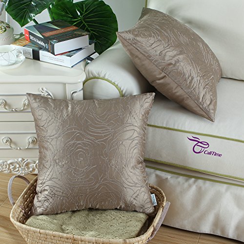 calitime Kissen Shell Kissenbezug Kunstseide Rosen Blumenmuster bestickt verschiedenen Farben 45 x 45 cm, Polyester-Mischgewebe, taupe, 45,7 x 45,7 cm - 4