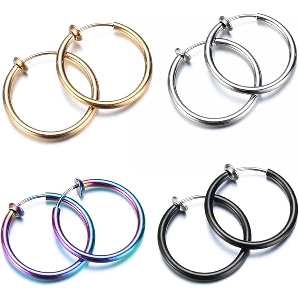 Set De 4 Paires De Boucles D'oreilles Créoles Clip - Sans Piercing, 4 Tailles (30/40/50/60mm) Et 4 Couleurs - Style Chic Et Tendance