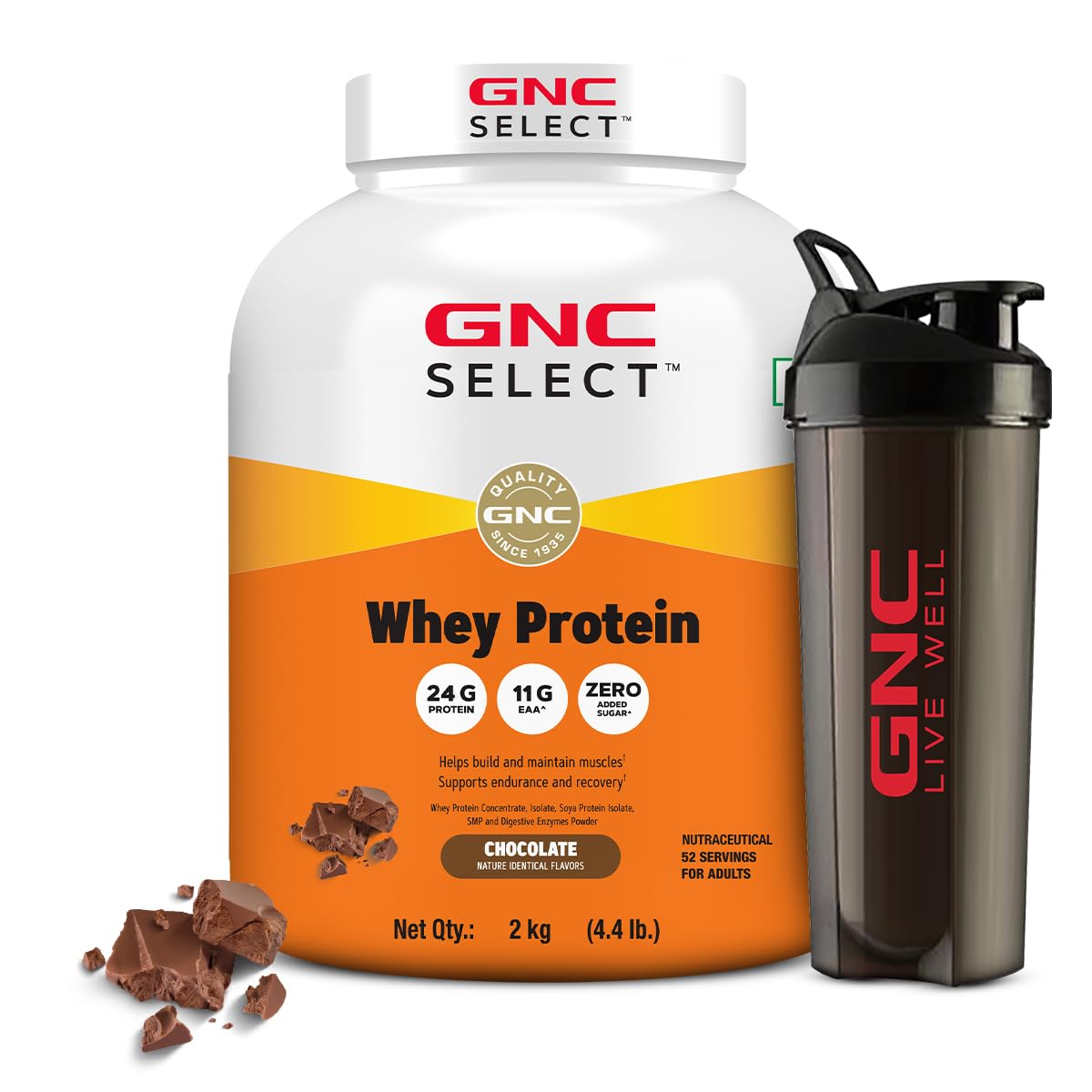 GNC Whey Protein Blend With Free Shaker | 4.4 LBS (2KG) | Chocolate |24 Gm Protein| Digestive Enzyme For Better Digestion | F