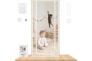 NUTKIT Kattskärmsdörr, förstärkt nätdörrskärm för katt (vit, 90 x 200 cm) | Slitstark husdjurssäker skärmdörr med dragkedja, magnetiska block som automatiskt lockar tyst för att förhindra att husdjur