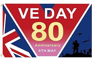 HJYODY 3.1 x 4.7ft VE Day 80th Anniversary Flag Decoration, 1PCS Waterproof Cloth Flag Banner for 80 Years Victory In Europe WW2 1945-2025 Party Decorations