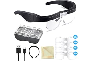 BILIPLE Gafas Lupa con 2 Luz LED, USB Recargable Lentes,4 Lentes Desmontables 1.5X 2.5X 3.5X 5X Lupa Intercambiable Gafas Lupa Ajustable para Leer, Reparaciones, Coser, Joyería
