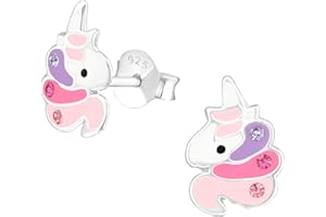Laimons - orecchini per ragazze, bambine con unicorno, lilla, rosa, con glitter, in argento 925 sterling.